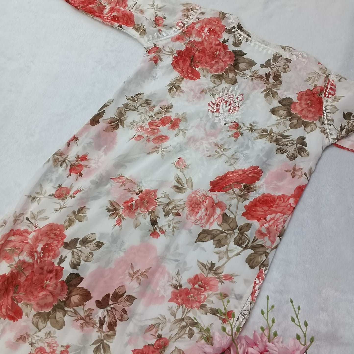 Chikankari Georgette Floral Printed Kurti- Red Colour - Chikankaar