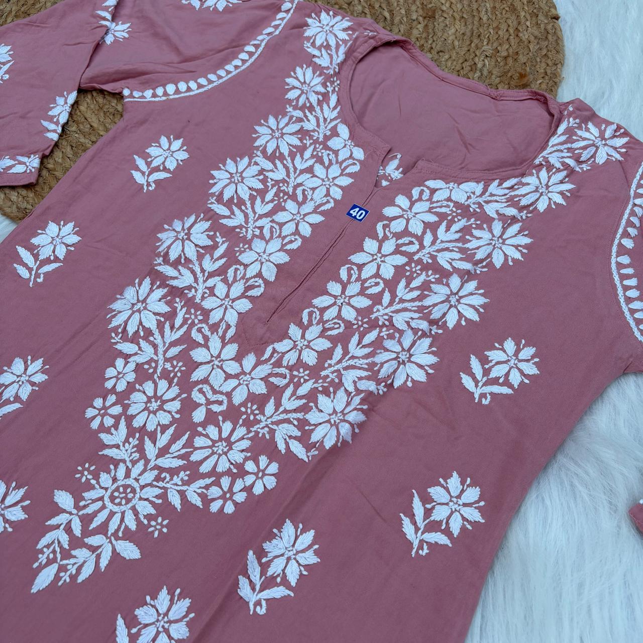 Maya Rayon Chikankari Kurti Plazo Set - Blush Colour
