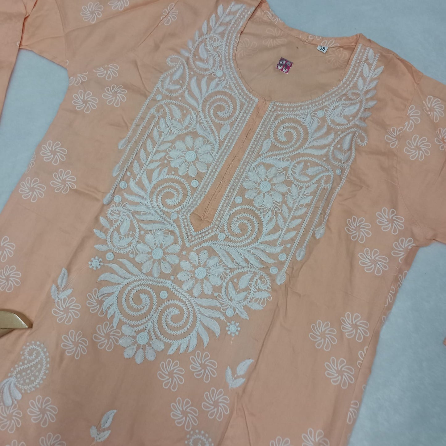 Rayon Chikankari Machine Work Kurti-Peach Colour - Chikankaar