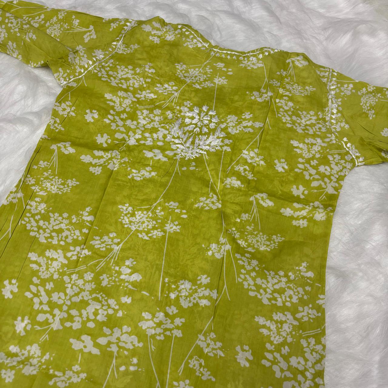 Mahira Sharma Inspired Pure Mulmul Printed Chikankari Handwork Kurti -Parrot Colour - Chikankaar