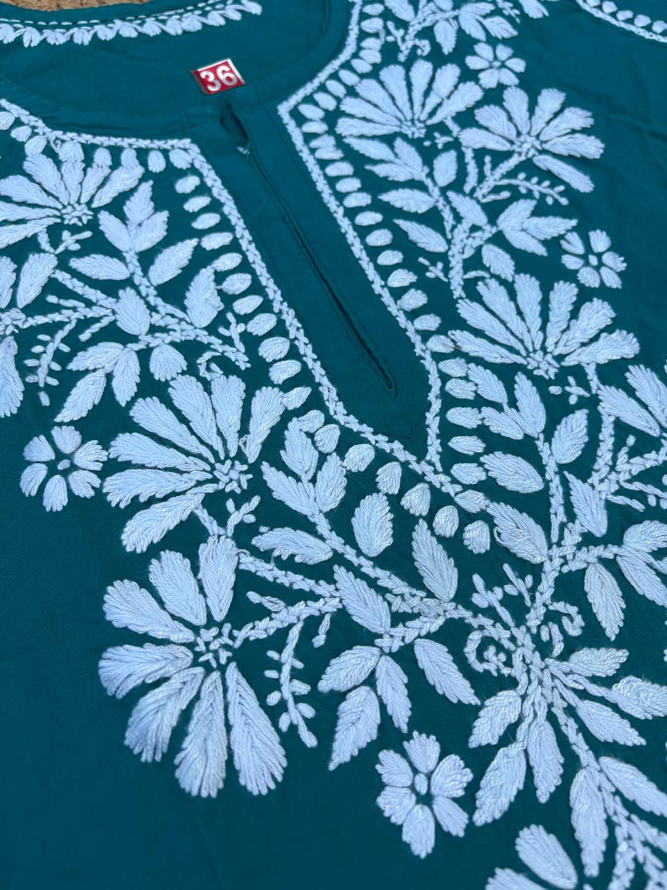 Ina Soft Rayon Handwork Chikankari Short Kurti - Sea Green Colour