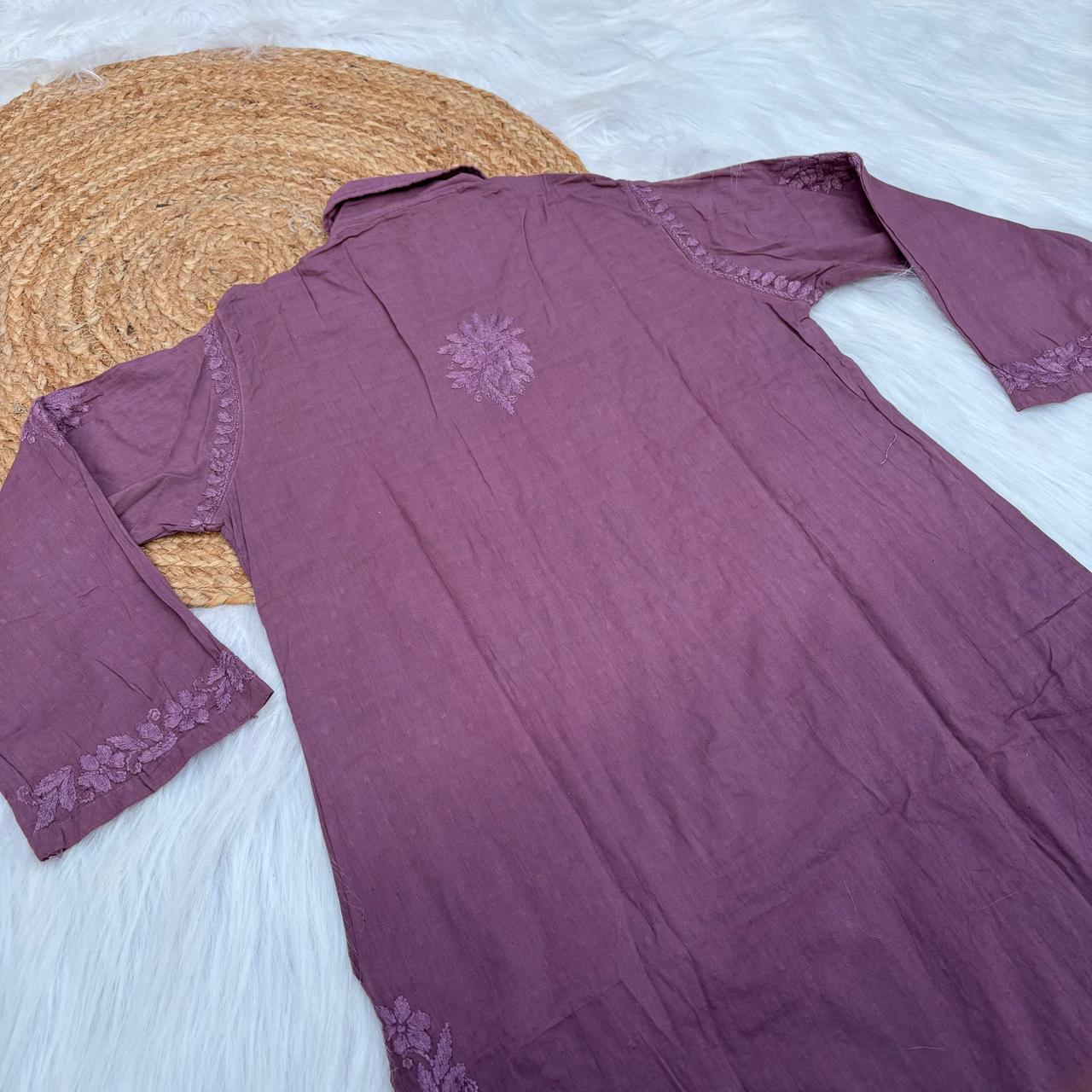 Sadia Dobby Cotton Ombre Shaded Chikankari Kurti with Collar - Wine Colour