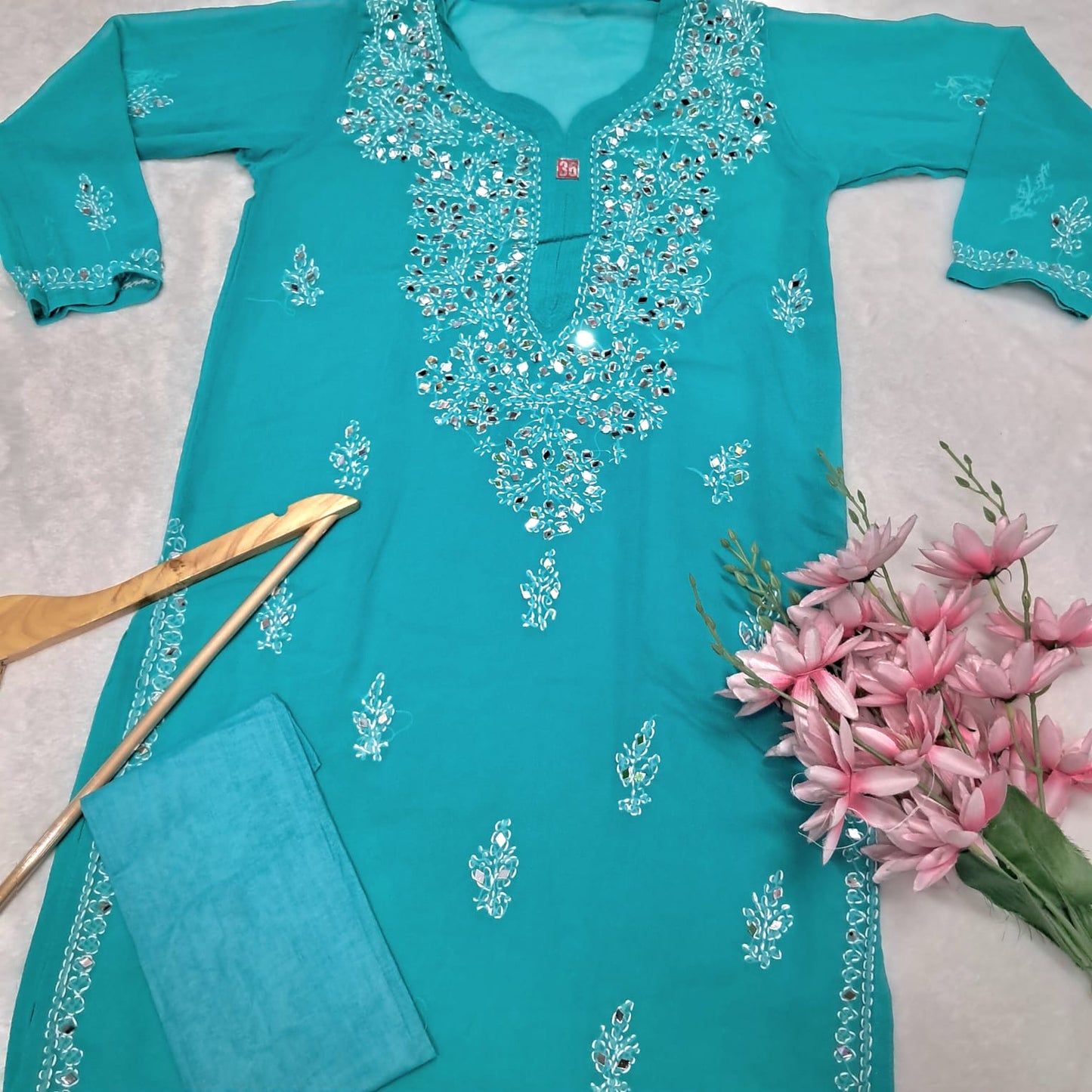 Georgette Mirror Work Chikankari Kurti With Inner - Sea Green Colour - Chikankaar