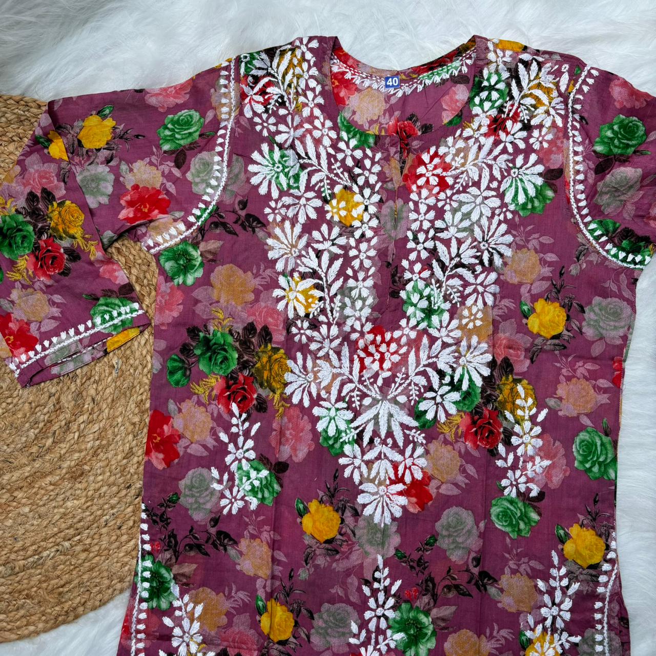 Dhanashree Inspired Mulmul Floral Printed Chikankari Handwork Kurti -Fuschia Colour - Chikankaar