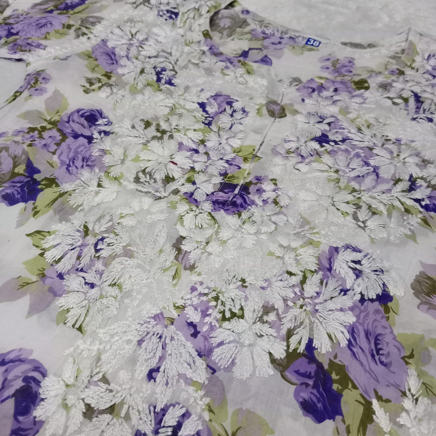 Aisha Mulmul Floral Printed Chikankari Handwork Kurti- Purple Colour - Chikankaar