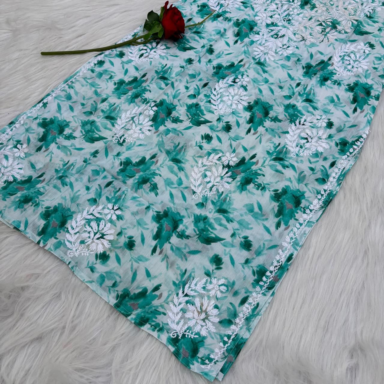 Amara Pure Mulmul Chikankari Handwork Kurti -Sea Green Colour