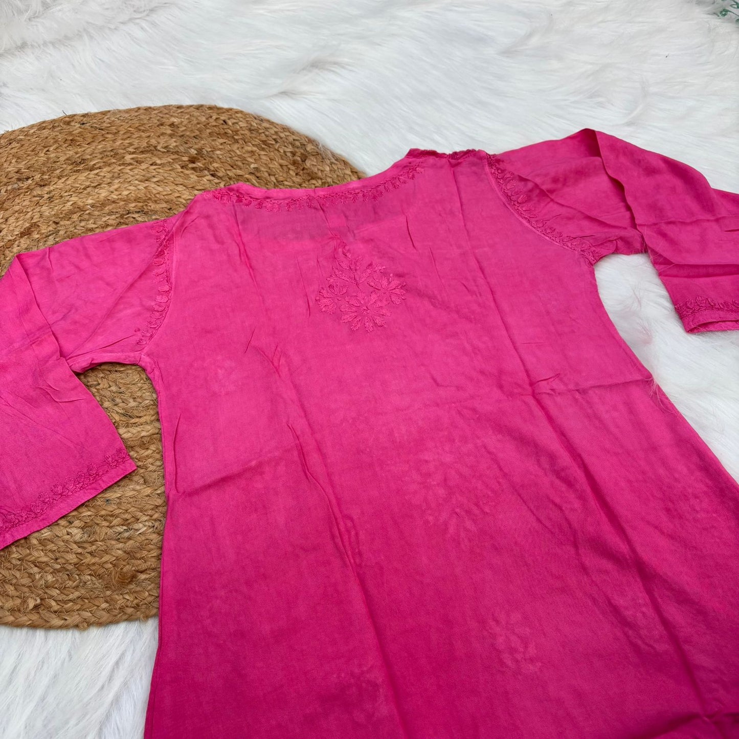Sofia Ombre Shaded Soft Rayon Chikankari Short Kurti - Dark Pink Colour - Chikankaar