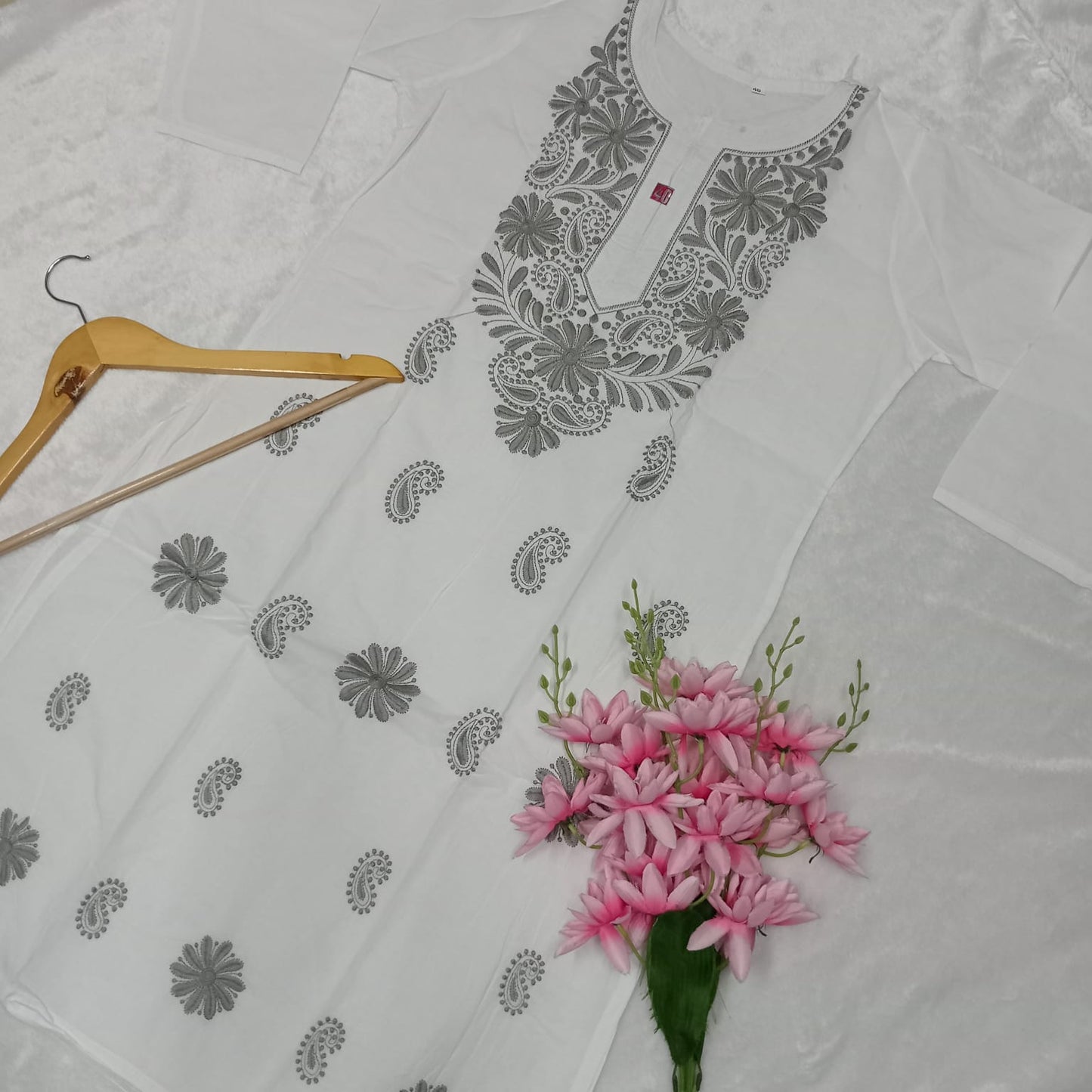 Pure Cotton Chikankari Machine Work Kurti - White Grey Colour - Chikankaar