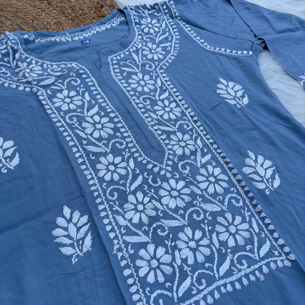 Soft Rayon Chikankari Kurti - Blue Colour