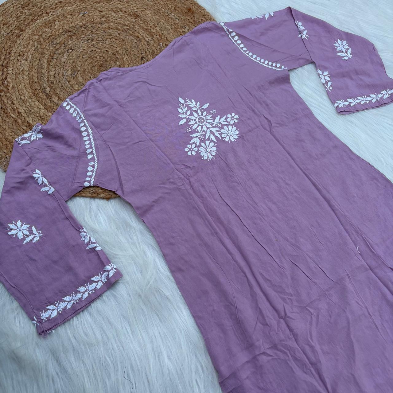 Maya Rayon Chikankari Kurti Plazo Set - Lavender Colour