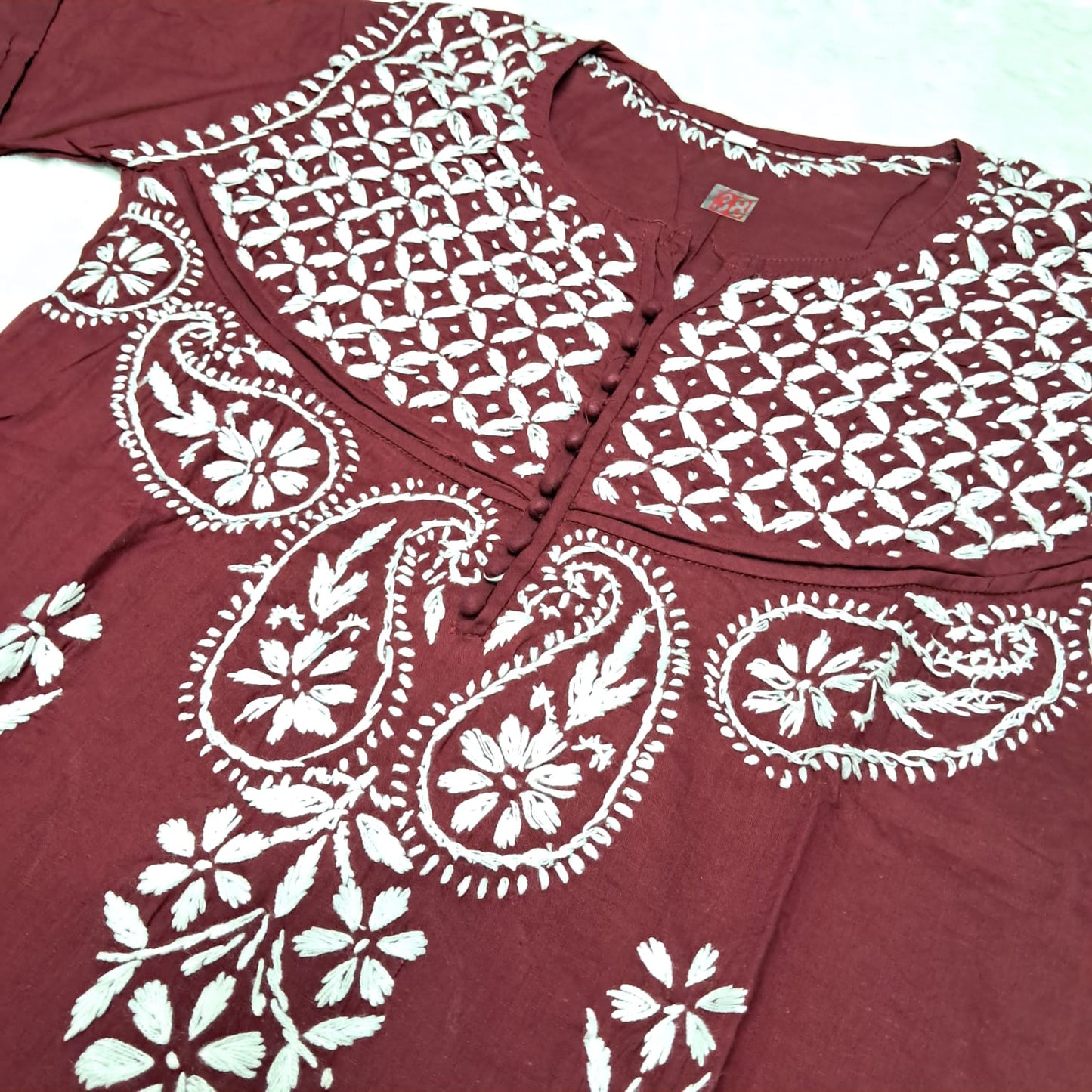 Adiva Pure Cotton Chikankari Handwork Kurti - Maroon Colour - Chikankaar