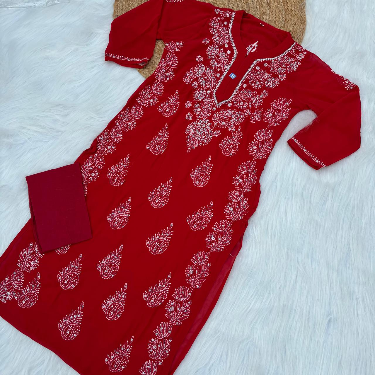 Stone Work Georgette Chikankari Kurti - Red Colour - Chikankaar