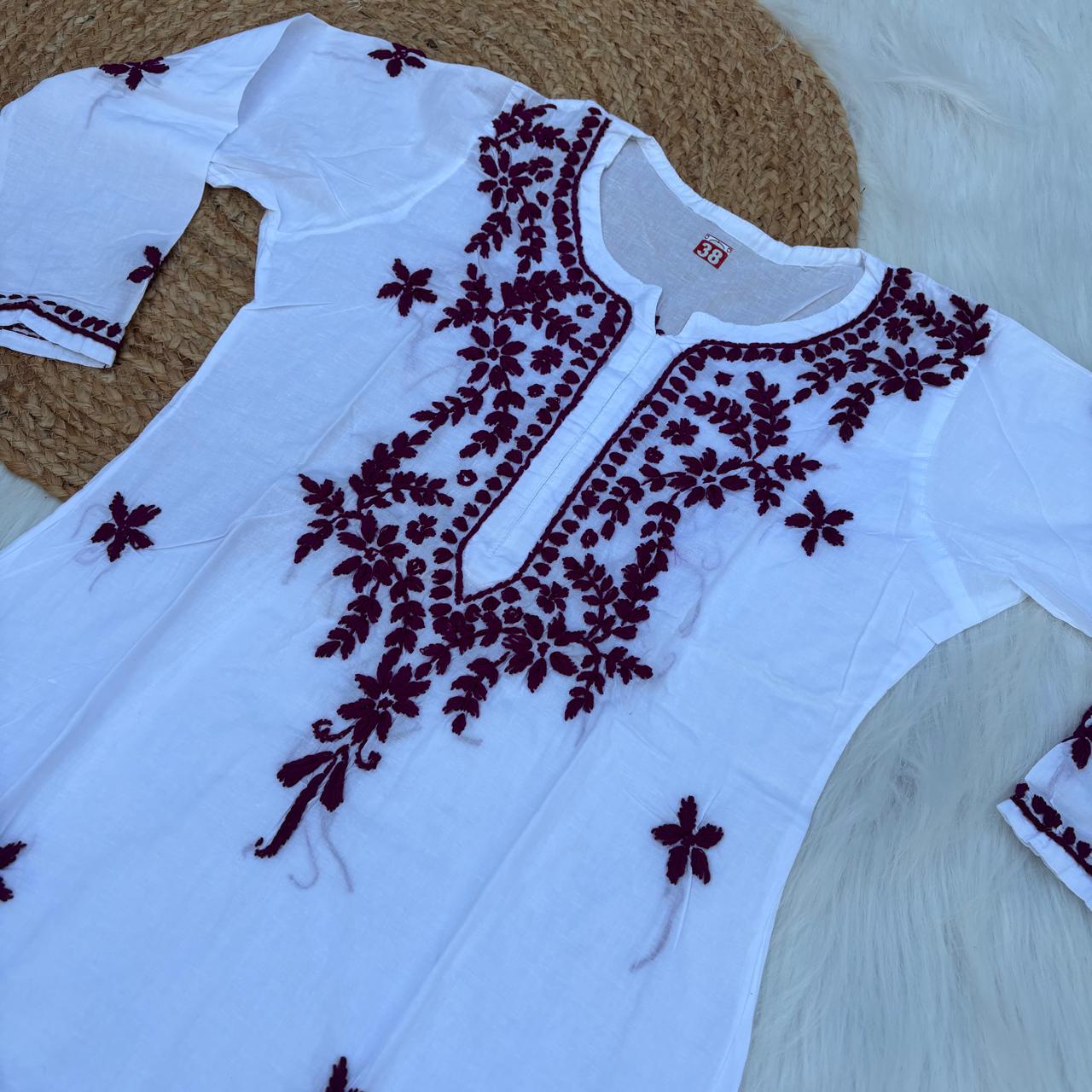 Shraddha Kapoor inspired Pure Cotton Chikankari Kurti - Wine Colour - Chikankaar