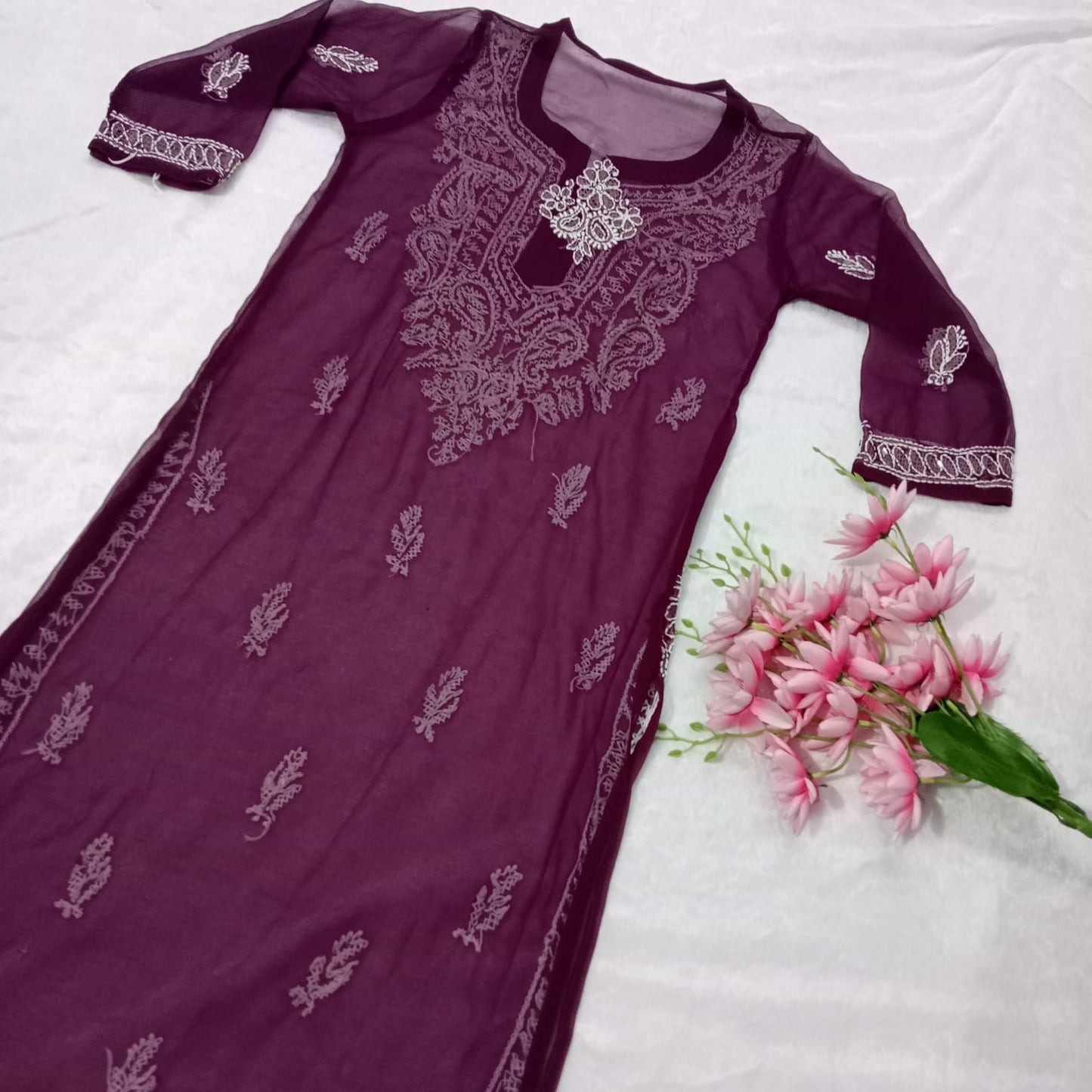 GEORGETTE MIRROR WORK CHIKANKARI KURTI WITH INNER -WINE COLOUR - Chikankaar