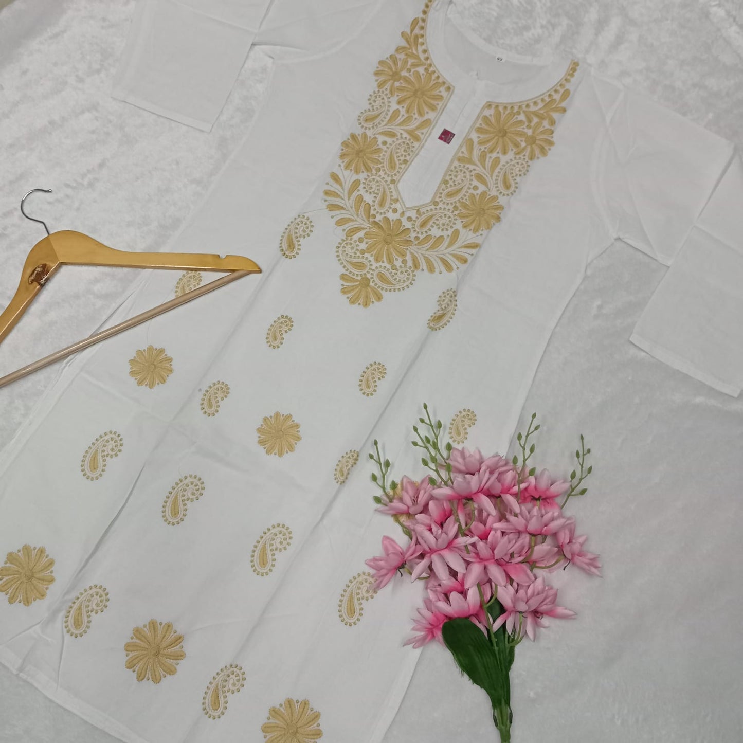 Pure Cotton Chikankari Machine Work Kurti - White Yellow Colour - Chikankaar