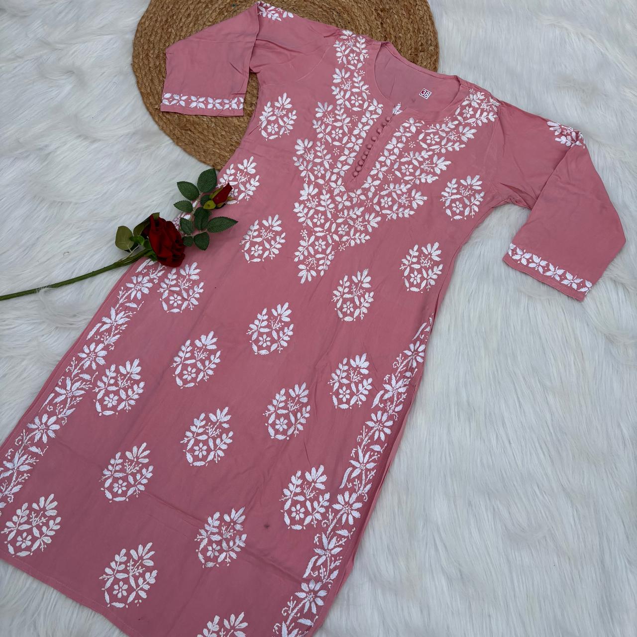Ameena Soft Rayon Chikankari Kurti - Peach Colour