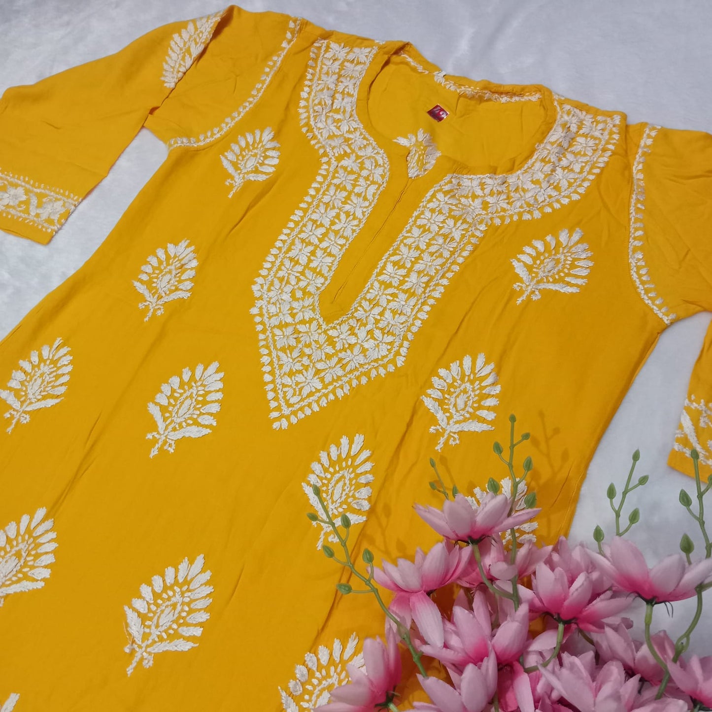 PURE RAYON CHIKANKARI KURTI - YELLOW COLOR - Chikankaar