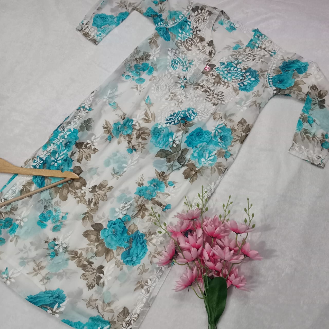 Chikankari Georgette Floral Printed Kurti - Sea Green Blue - Chikankaar