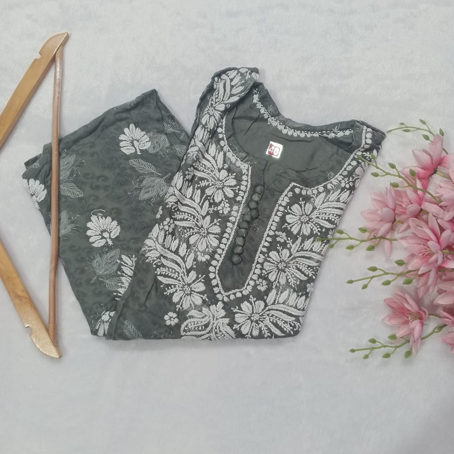 SOFT RAYON PRINTED CHIKANKARI KURTI - GREY COLOR - Chikankaar