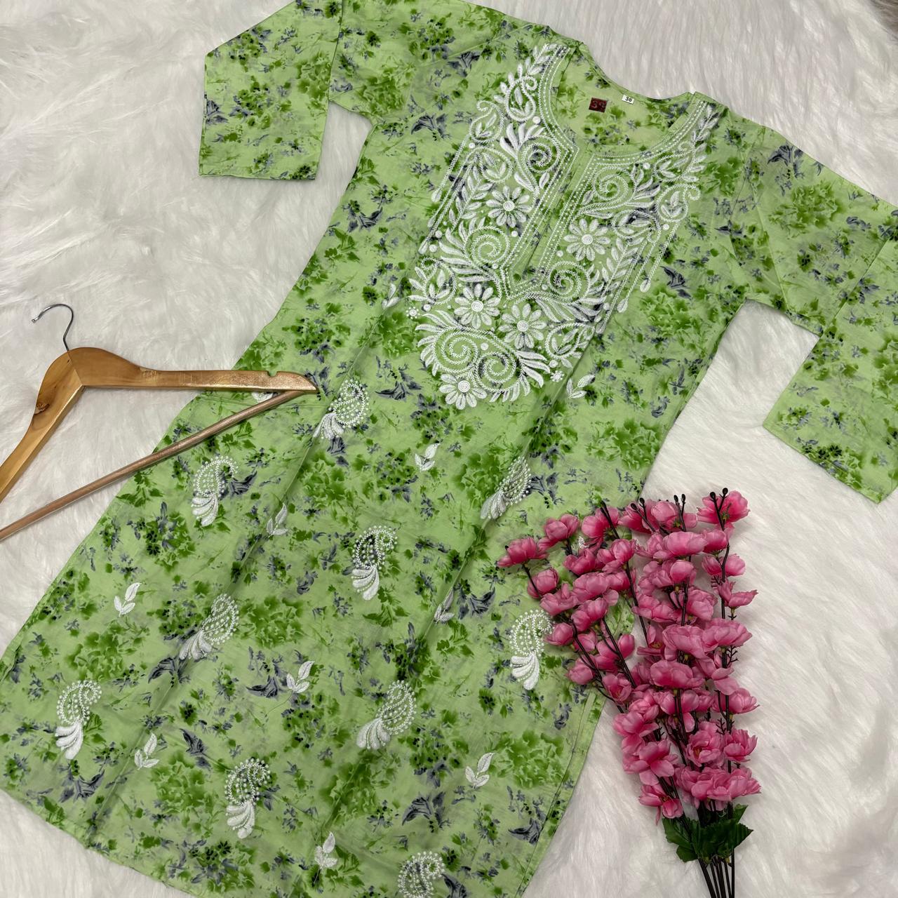 Mulmul Cotton Chikankari Machine Work Kurti - Parrot Green Colour - Chikankaar