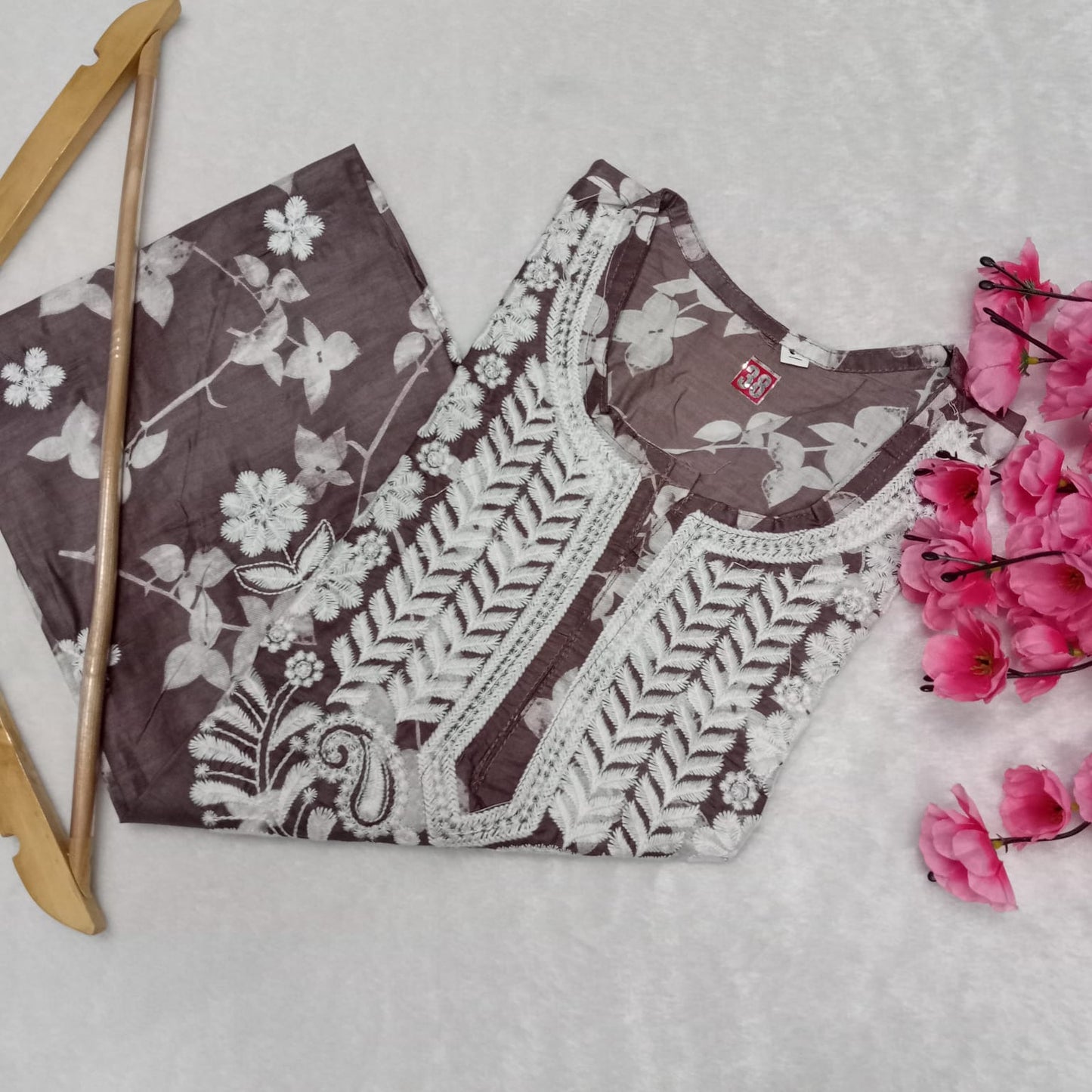 Mulmul Cotton Chikankari Machine Work Kurti -Brown Colour - Chikankaar