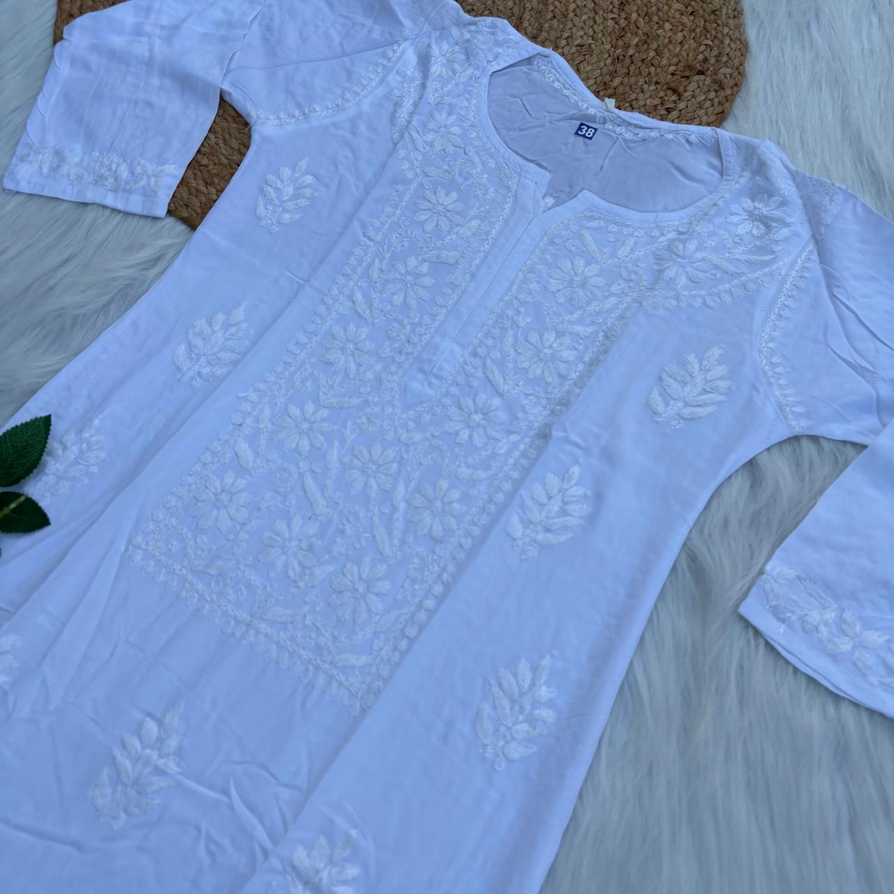 Soft Rayon Chikankari Kurti - White Colour