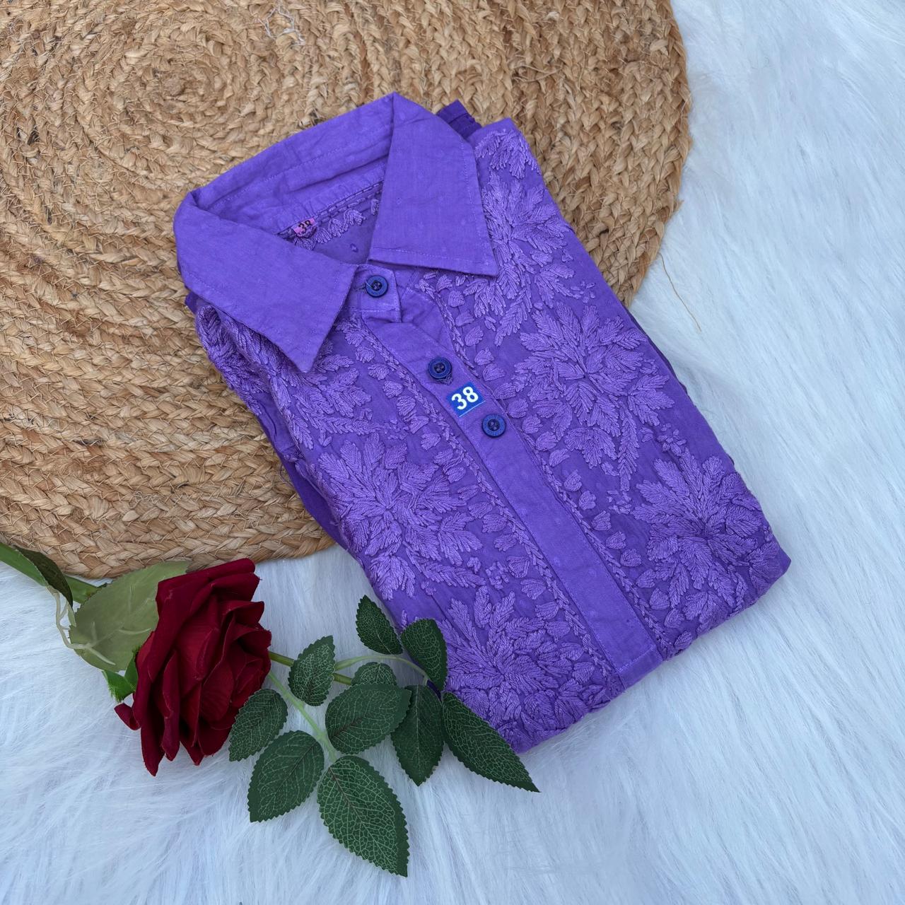 Sadia Dobby Cotton Ombre Shaded Chikankari Kurti with Collar - Purple Colour