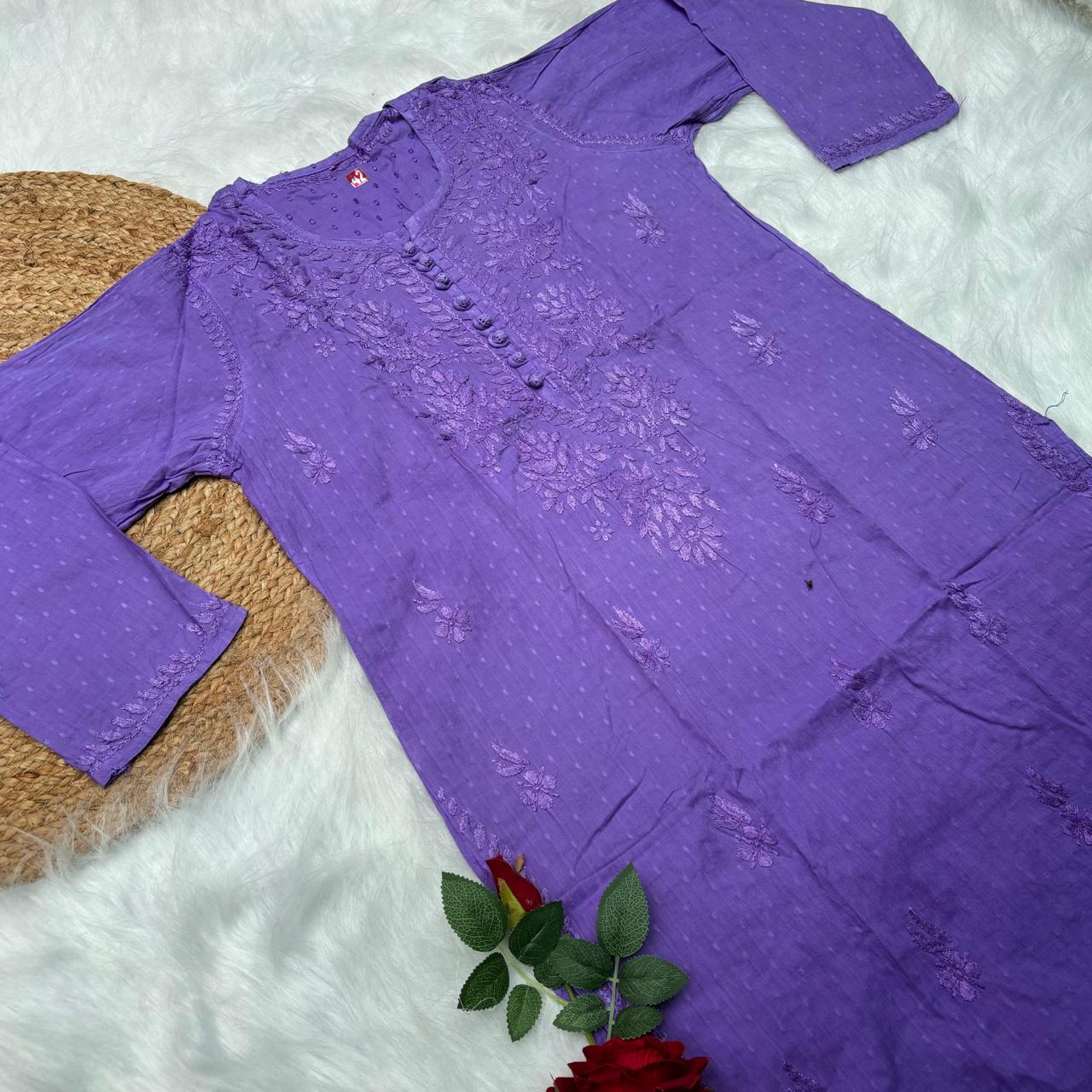Adaah Ombre Shaded Dobby Cotton Chikankari Kurti - Purple - Chikankaar
