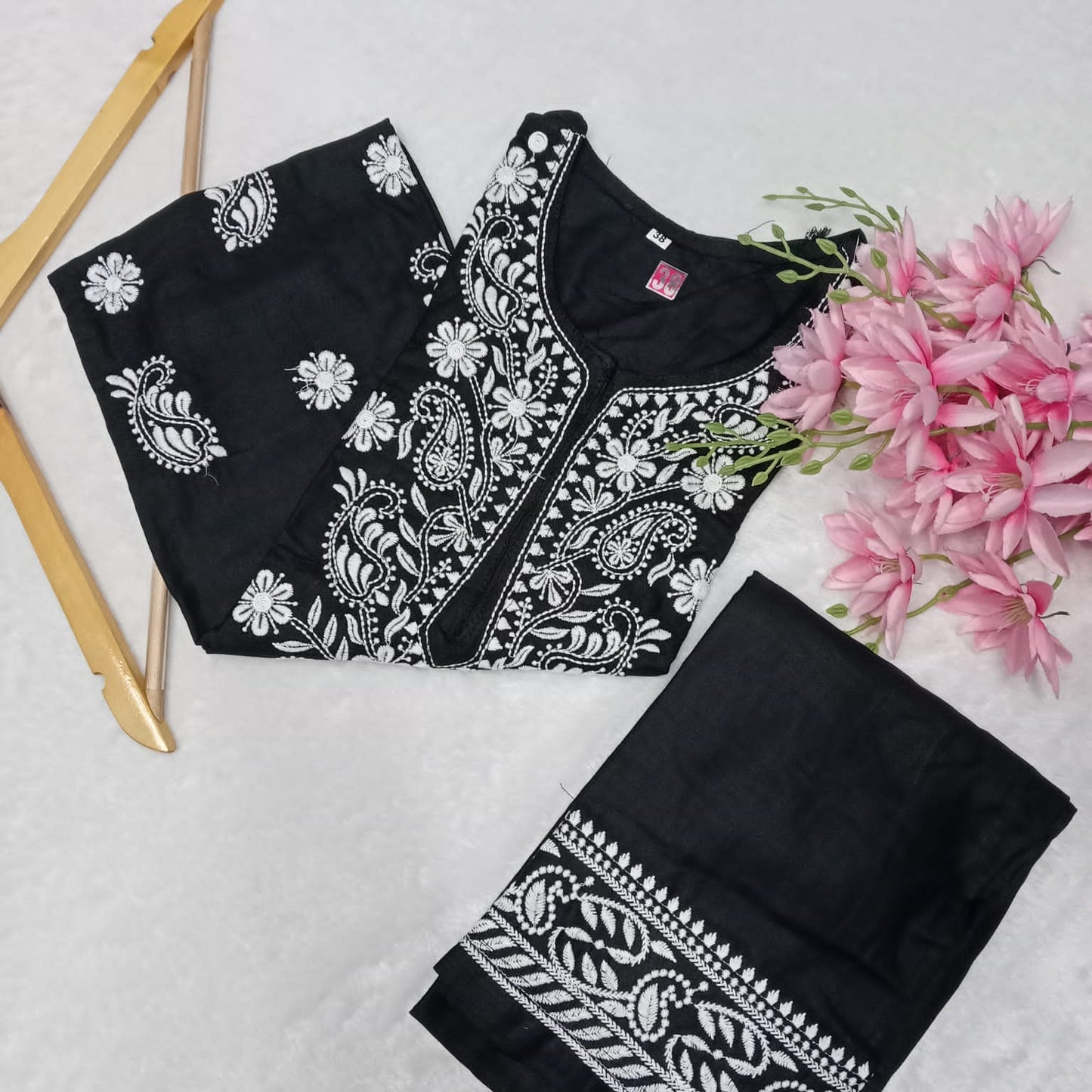 RAYON CHIKANKARI MACHINE WORK KURTI PLAZO SET-BLACK COLOUR - Chikankaar