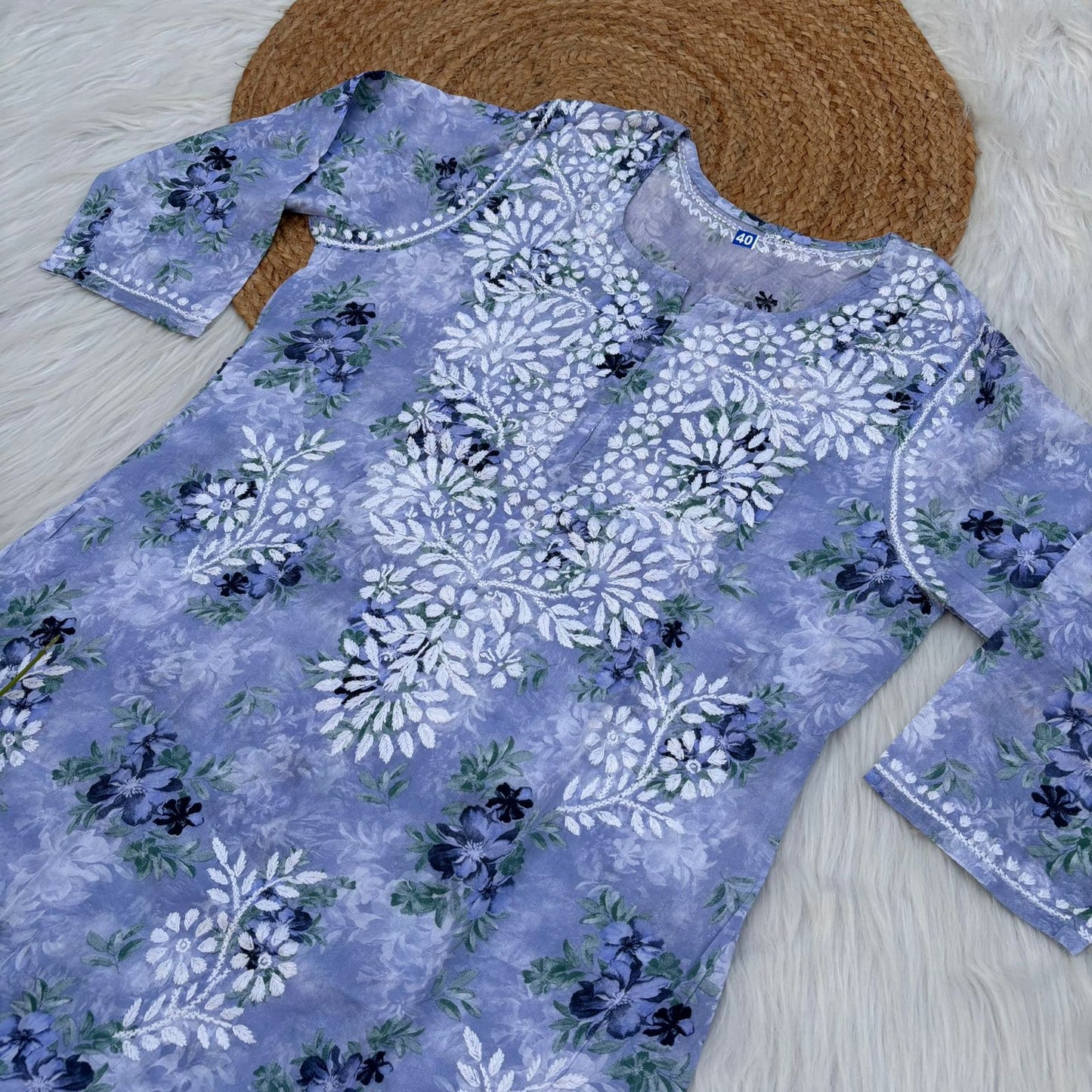 Fawziya Pure Mulmul Chikankari Handwork Kurti - Blue Colour