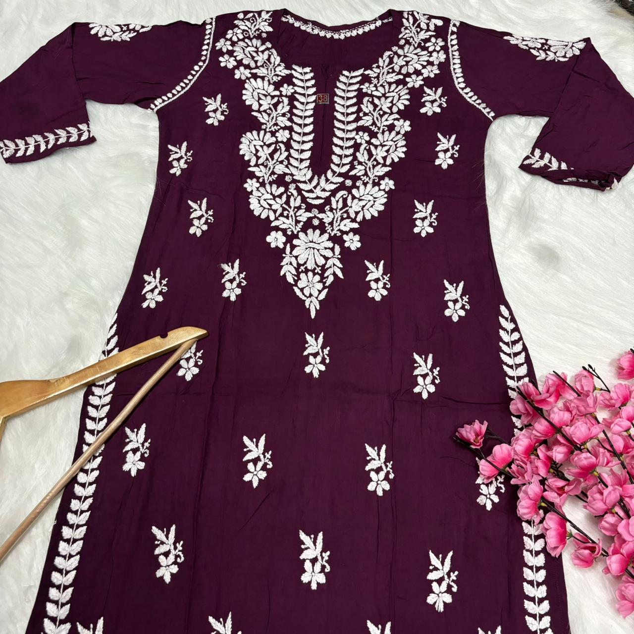 Avneet Kaur Inspired Modal Chikankari Kurti - Wine colour - Chikankaar
