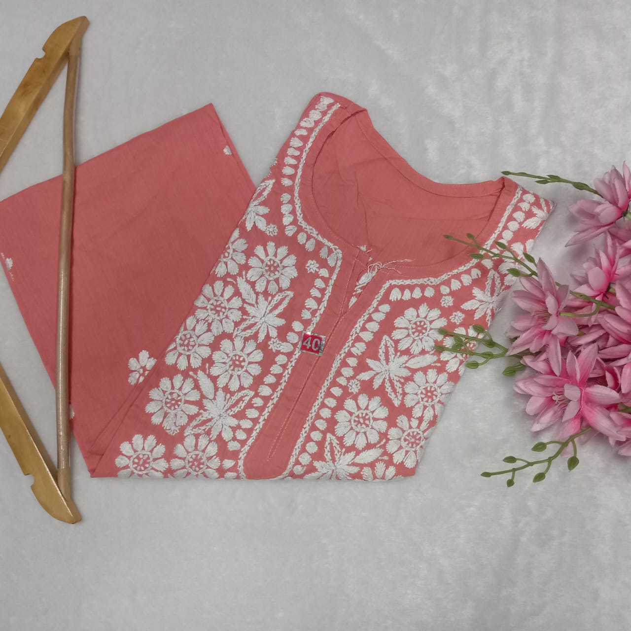 Pure Cotton Chikankari Handwork Kurti - Peach Colour - Chikankaar