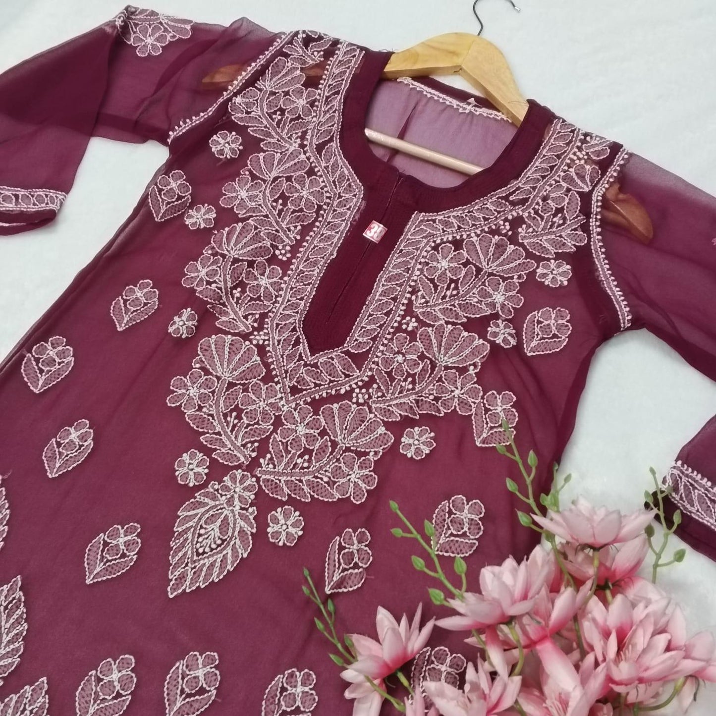 Graceful Georgette Chikankari Cross Panel Kurti With Inner - Wine Colour - Chikankaar