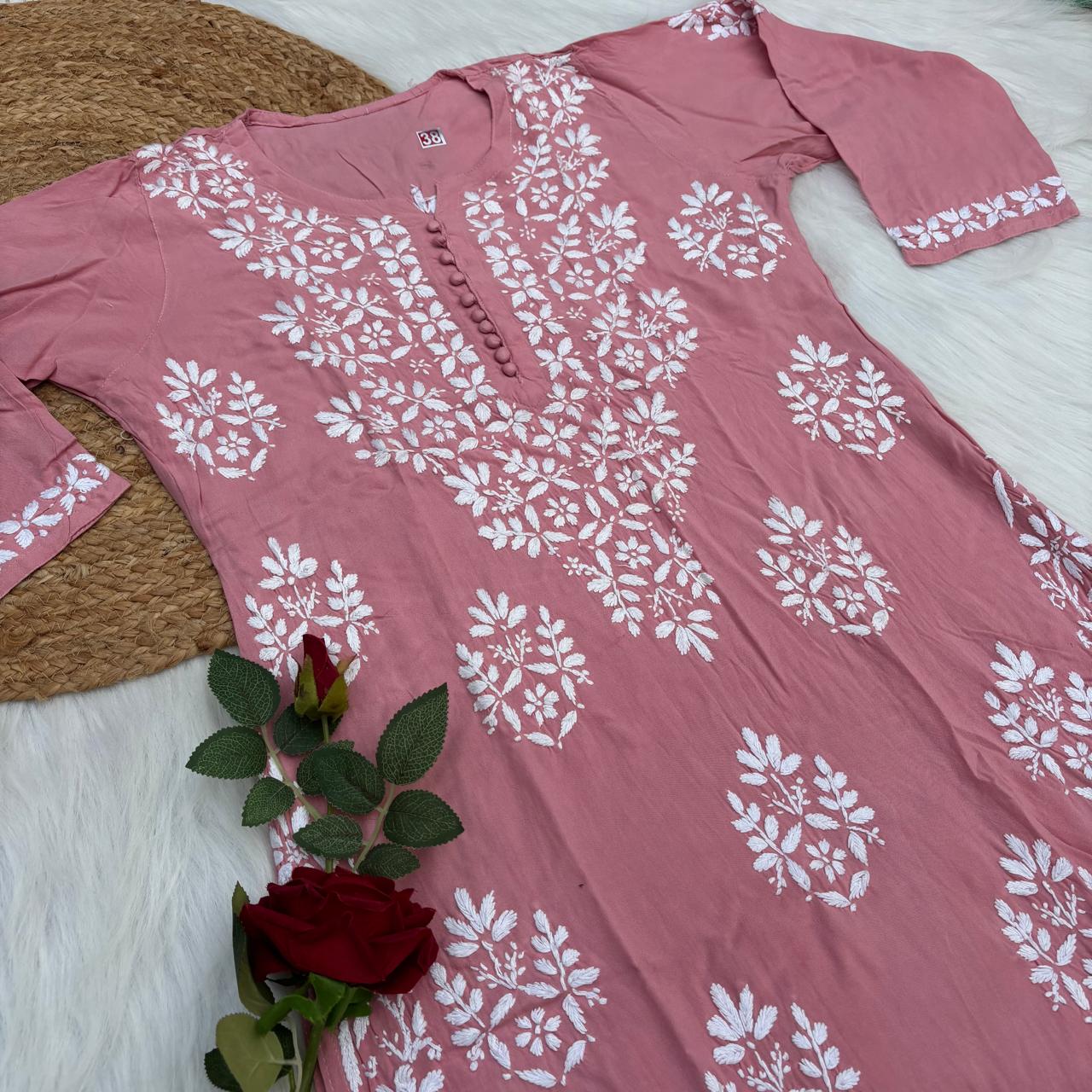 Ameena Soft Rayon Chikankari Kurti - Peach Colour