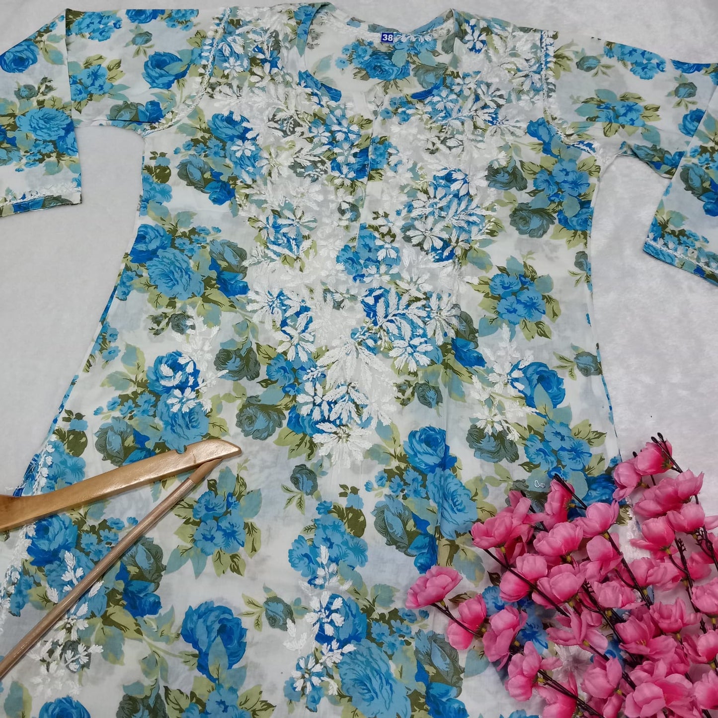 Aisha Mulmul Floral Printed Chikankari Handwork Kurti- Blue Colour - Chikankaar