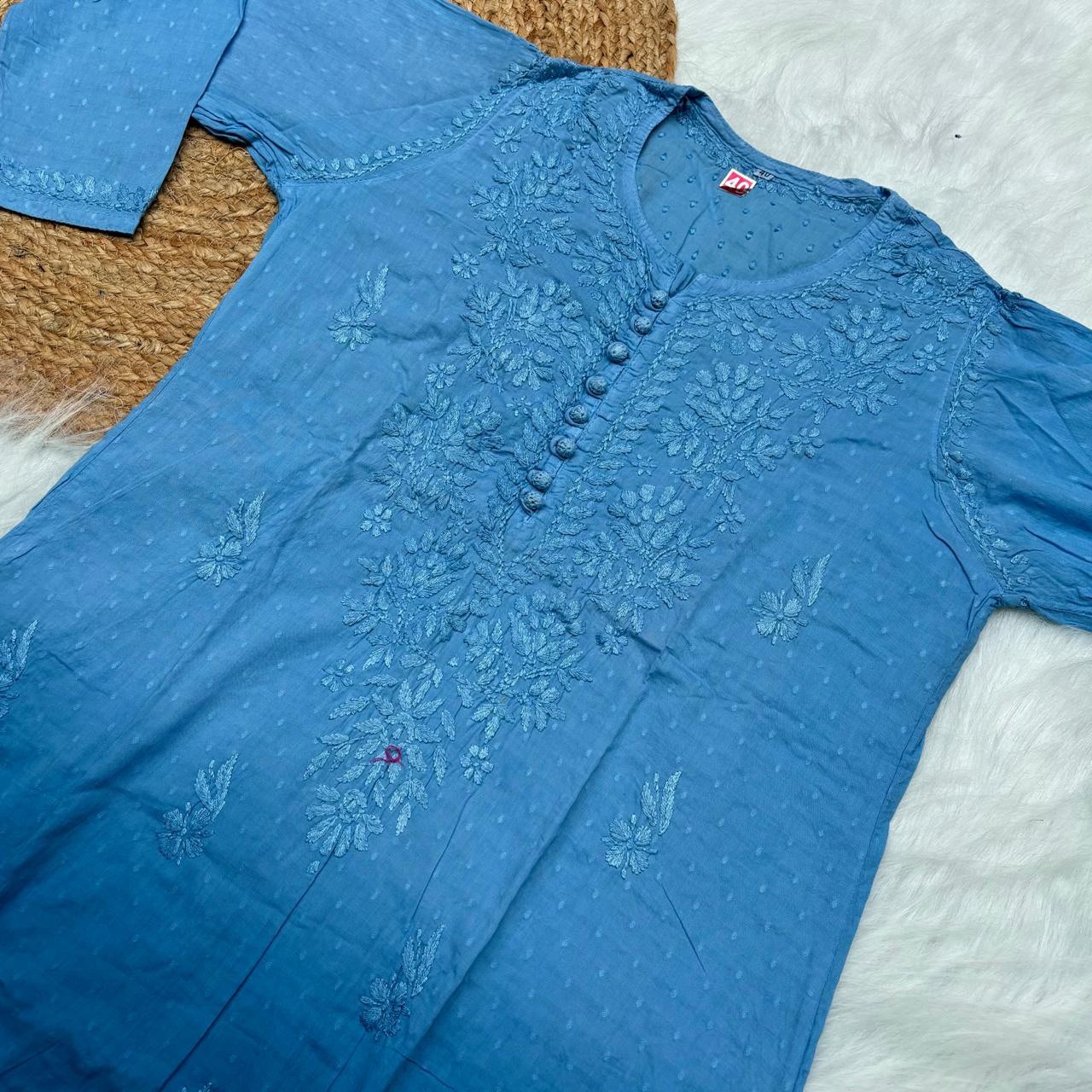 Adaah Ombre Shaded Dobby Cotton Chikankari Kurti - Sky Blue - Chikankaar