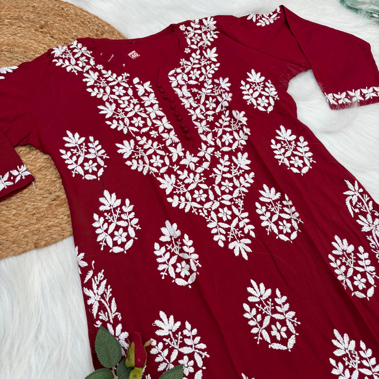 Ameena Soft Rayon Chikankari Kurti - Maroon Colour