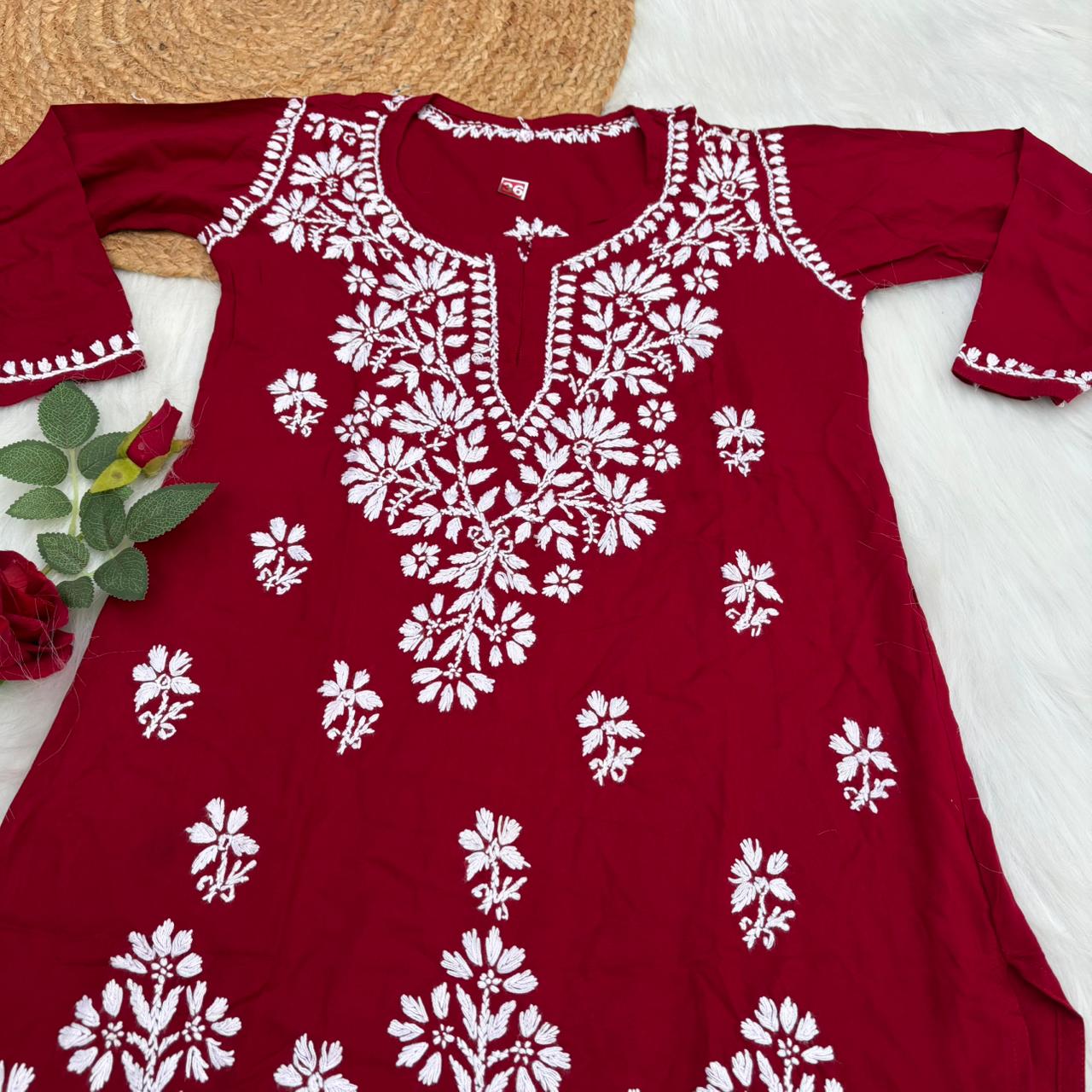 Ina Soft Rayon Chikankari Short Kurti - Maroon Colour - Chikankaar