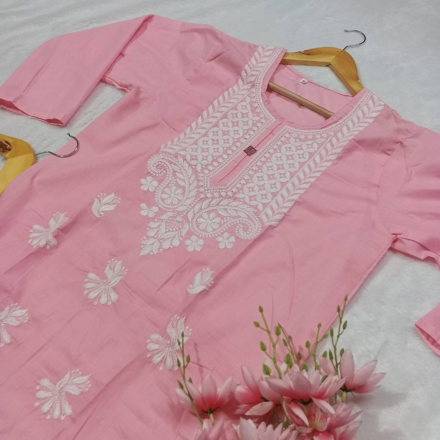 Cotton Machine Work Chikankari Kurti - Baby Pink Colour - Chikankaar