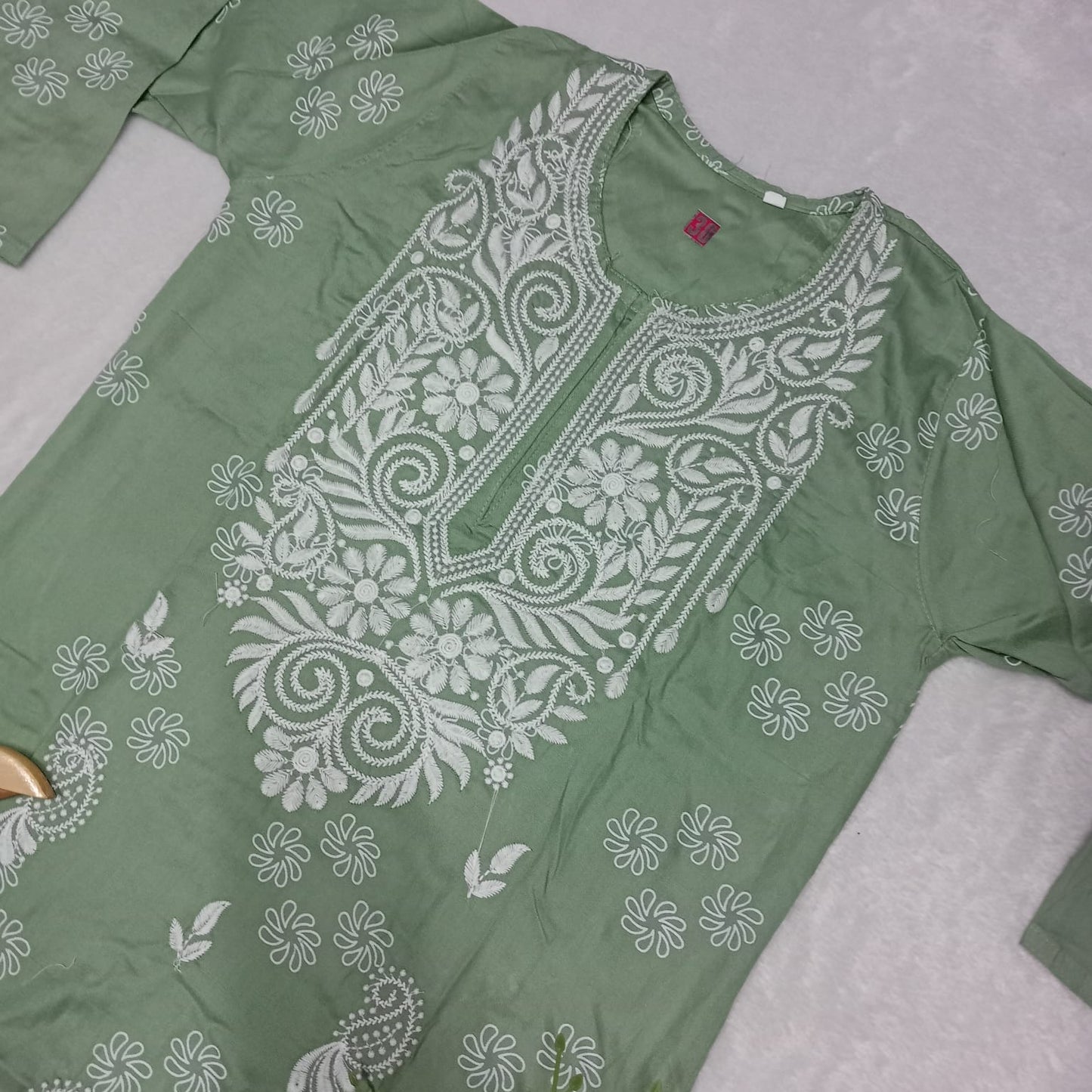 RAYON CHIKANKARI MACHINE WORK KURTI -PISTA COLOUR - Chikankaar