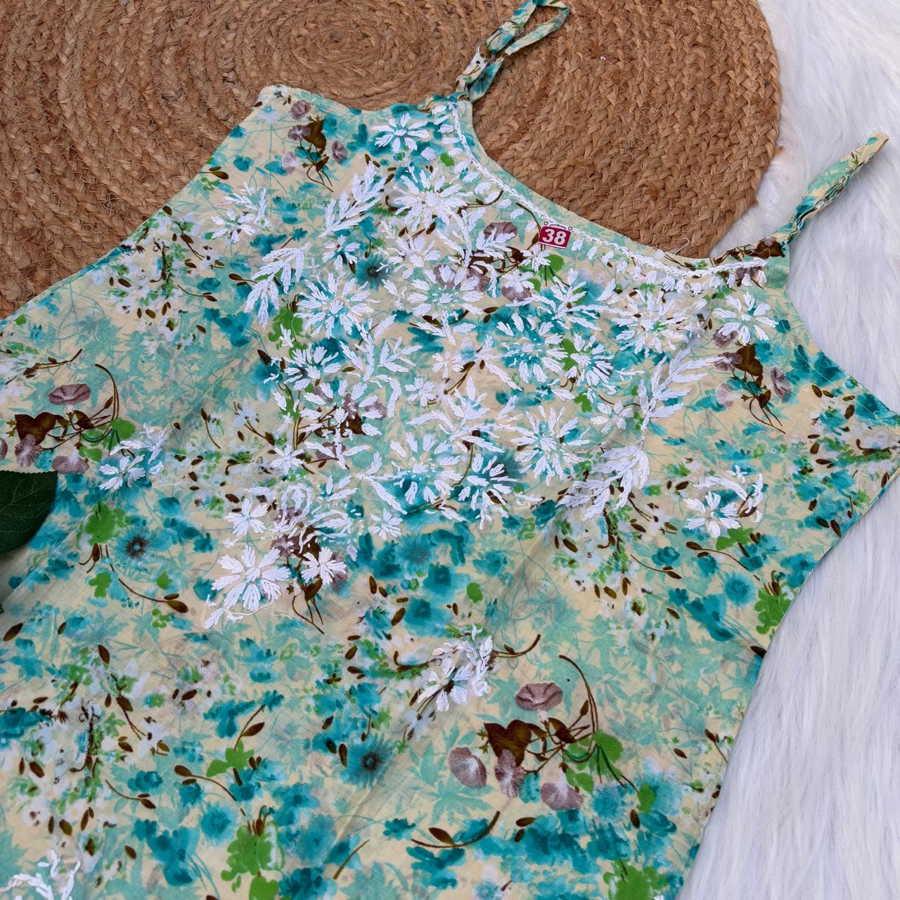 Hana Mulmul Chikankari Noodle Strap Short Kurti -Sea green colour (Length - 38")