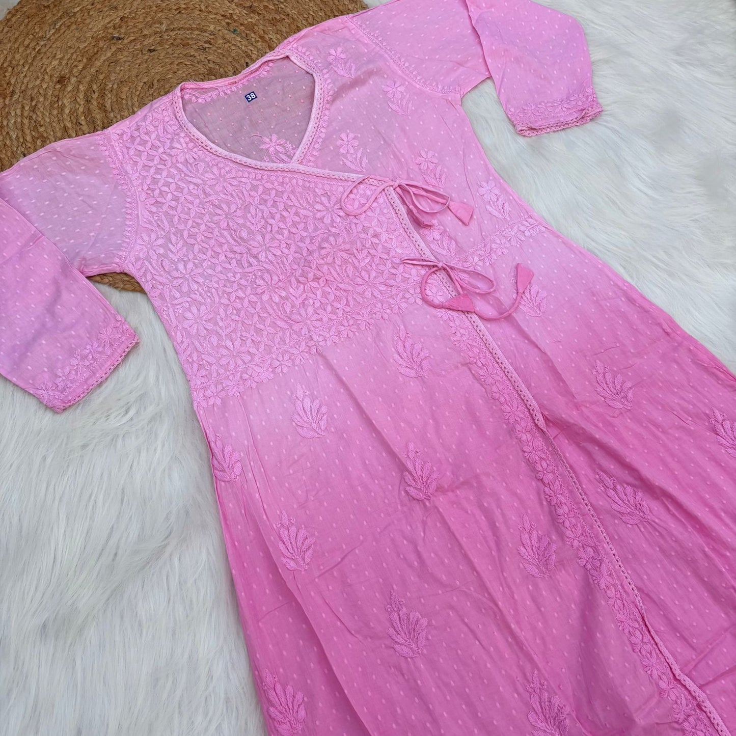 Shazia Ombre Shaded Dobby Cotton Chikankari Angarakha - Baby Pink Colour