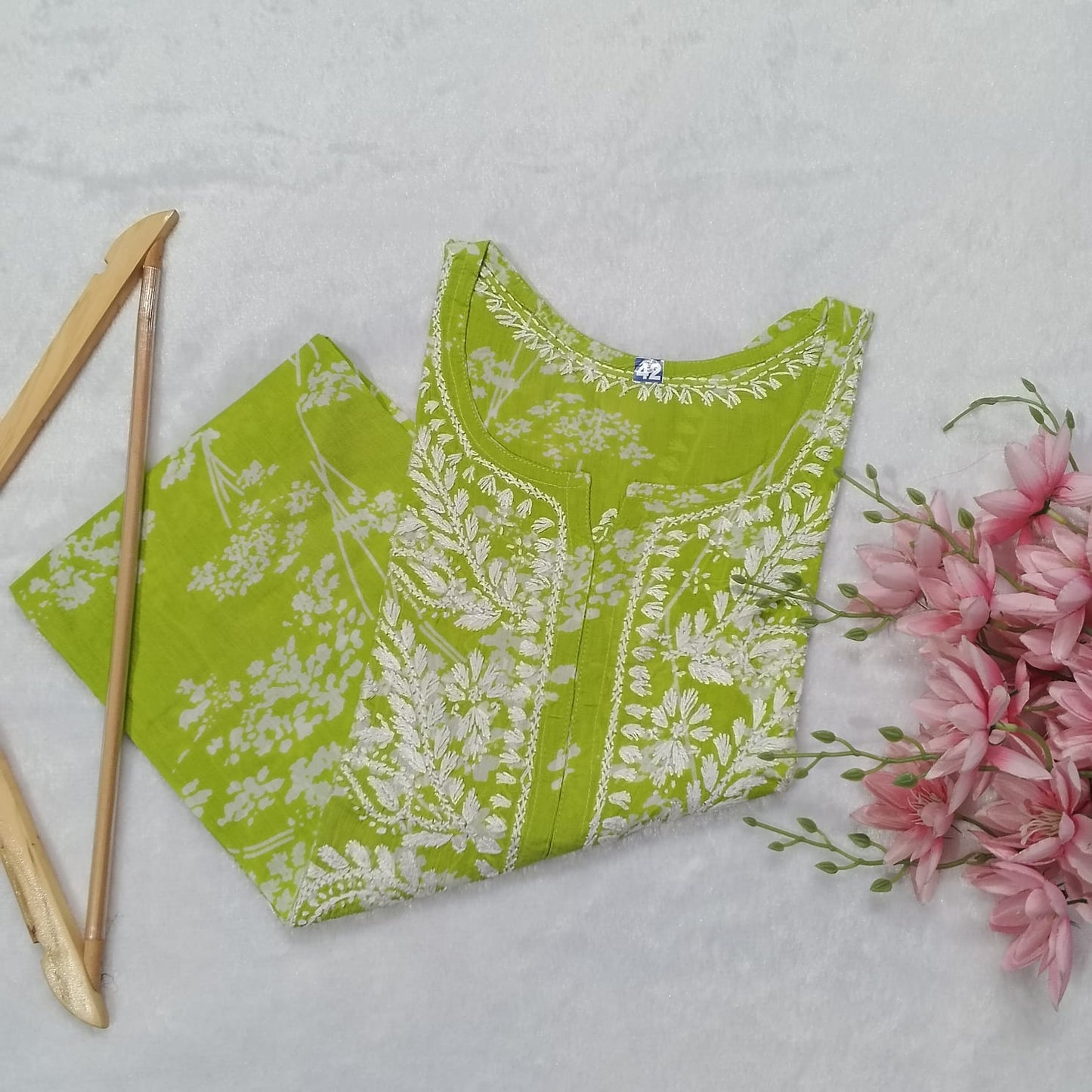 Pure Mulmul Printed Chikankari Kurti-Parrot Green Colour - Chikankaar