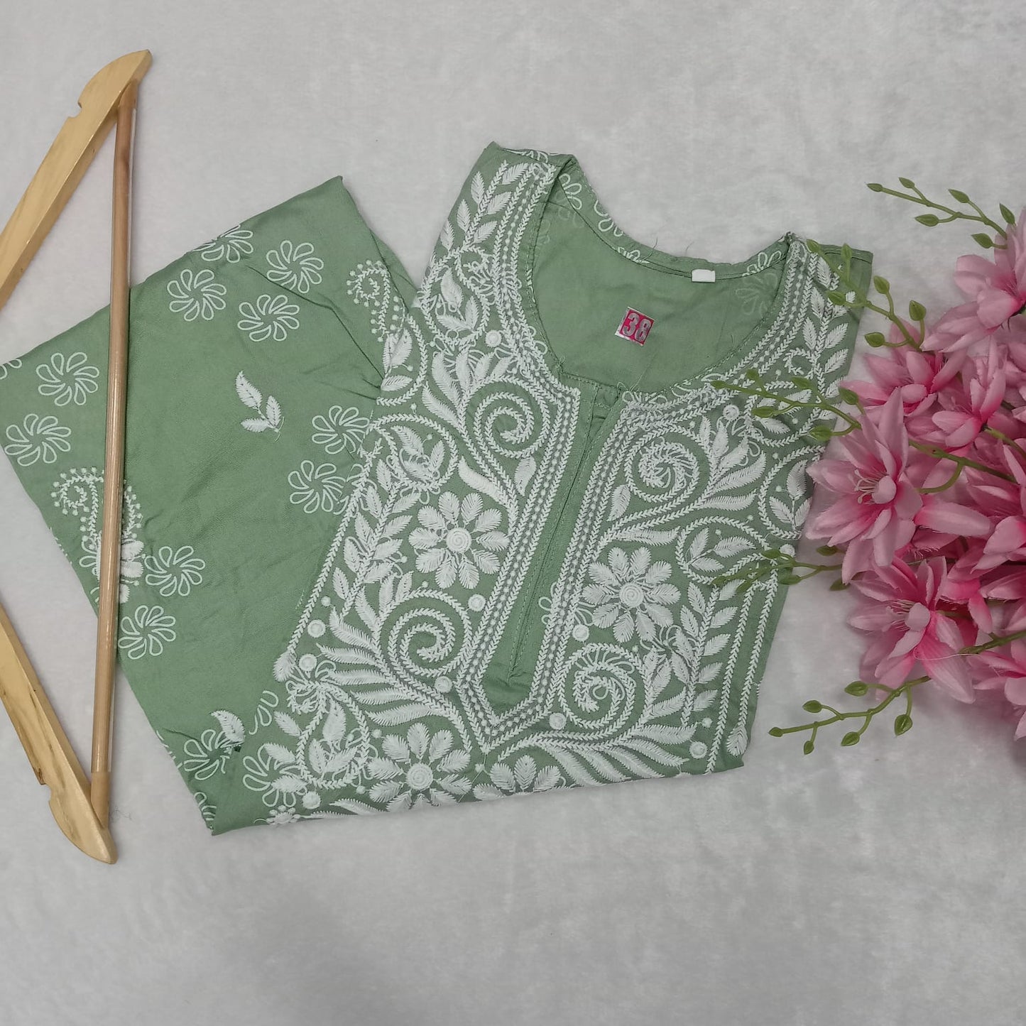 RAYON CHIKANKARI MACHINE WORK KURTI -PISTA COLOUR - Chikankaar