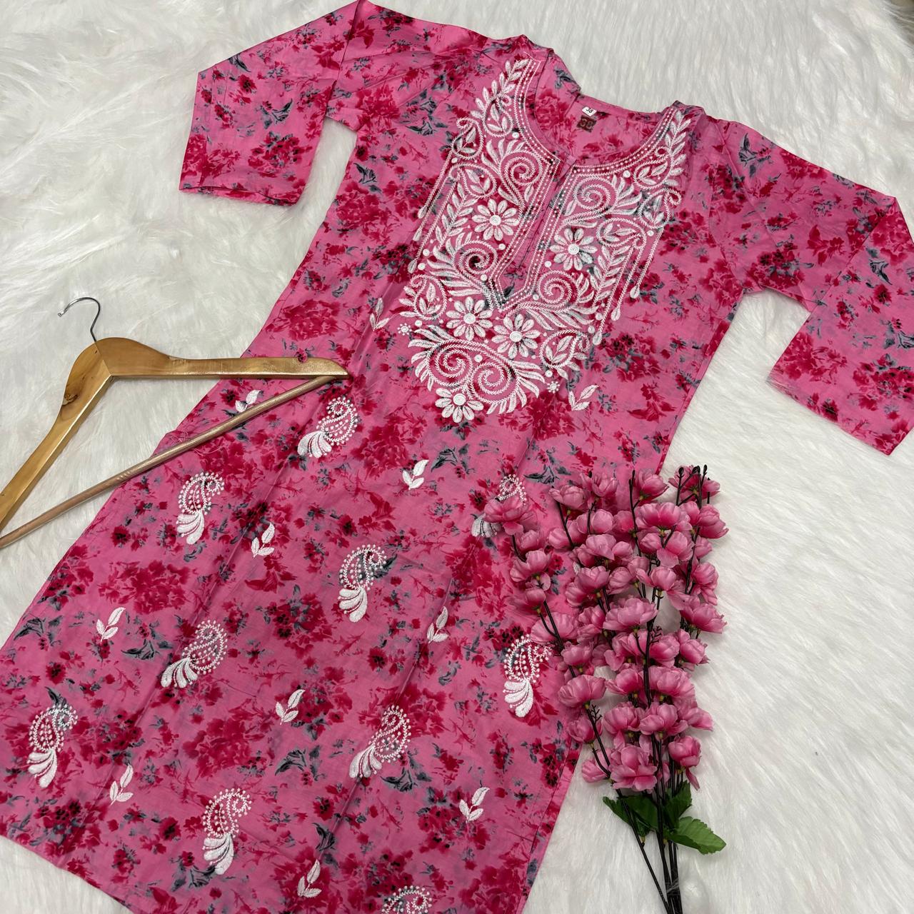 Mulmul Cotton Chikankari Machine Work Kurti - Pink Colour - Chikankaar