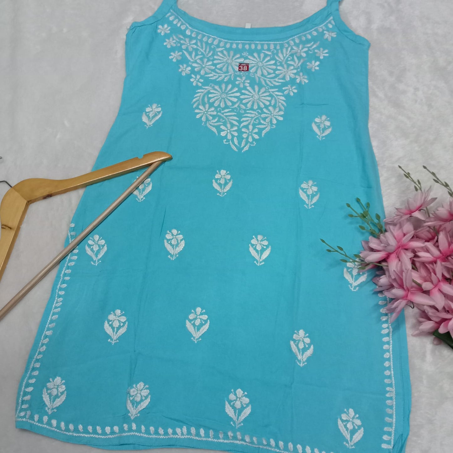 Nafisa Chikankari Sleeveless Short Kurti - Blue Colour - Chikankaar