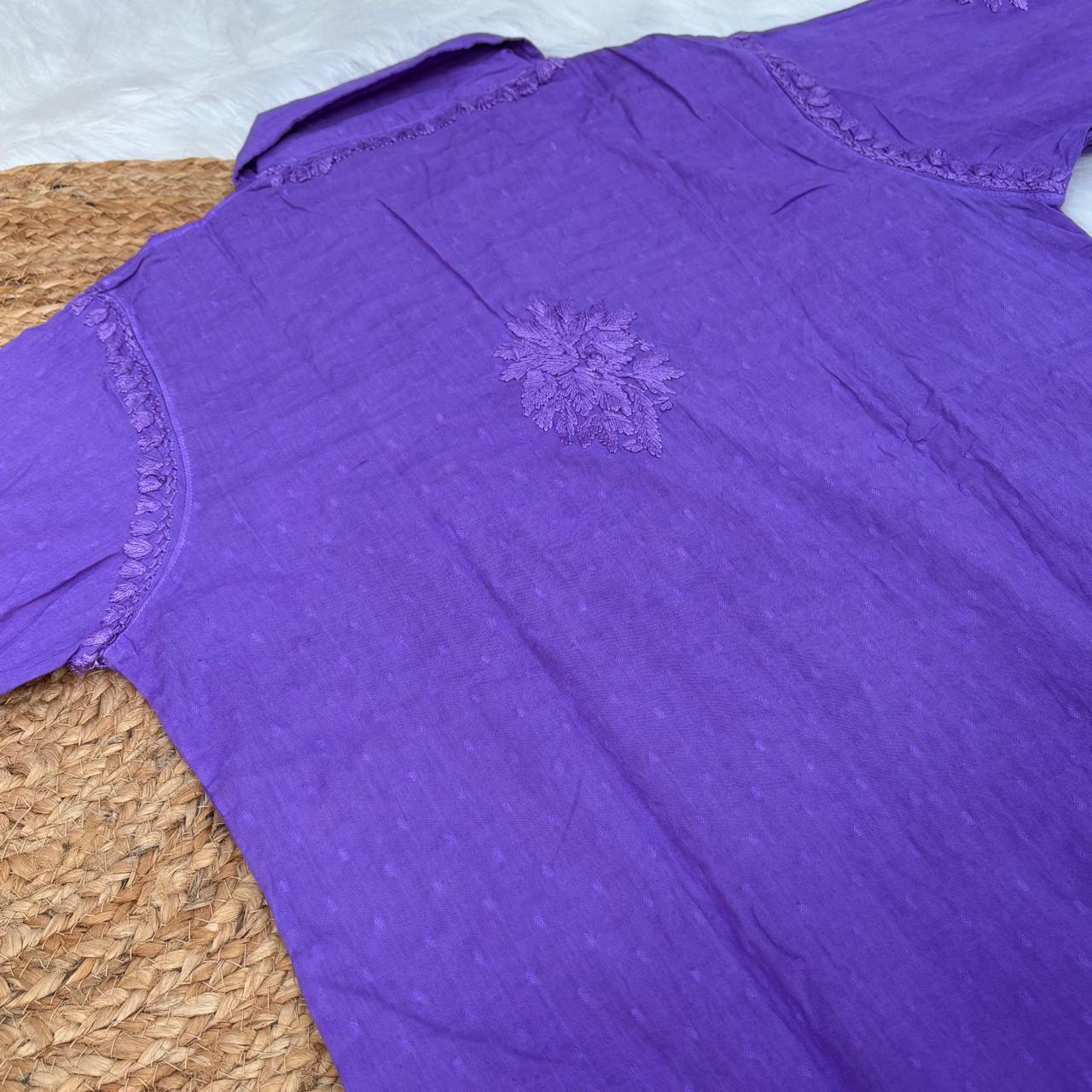 Sadia Dobby Cotton Ombre Shaded Chikankari Kurti with Collar - Purple Colour