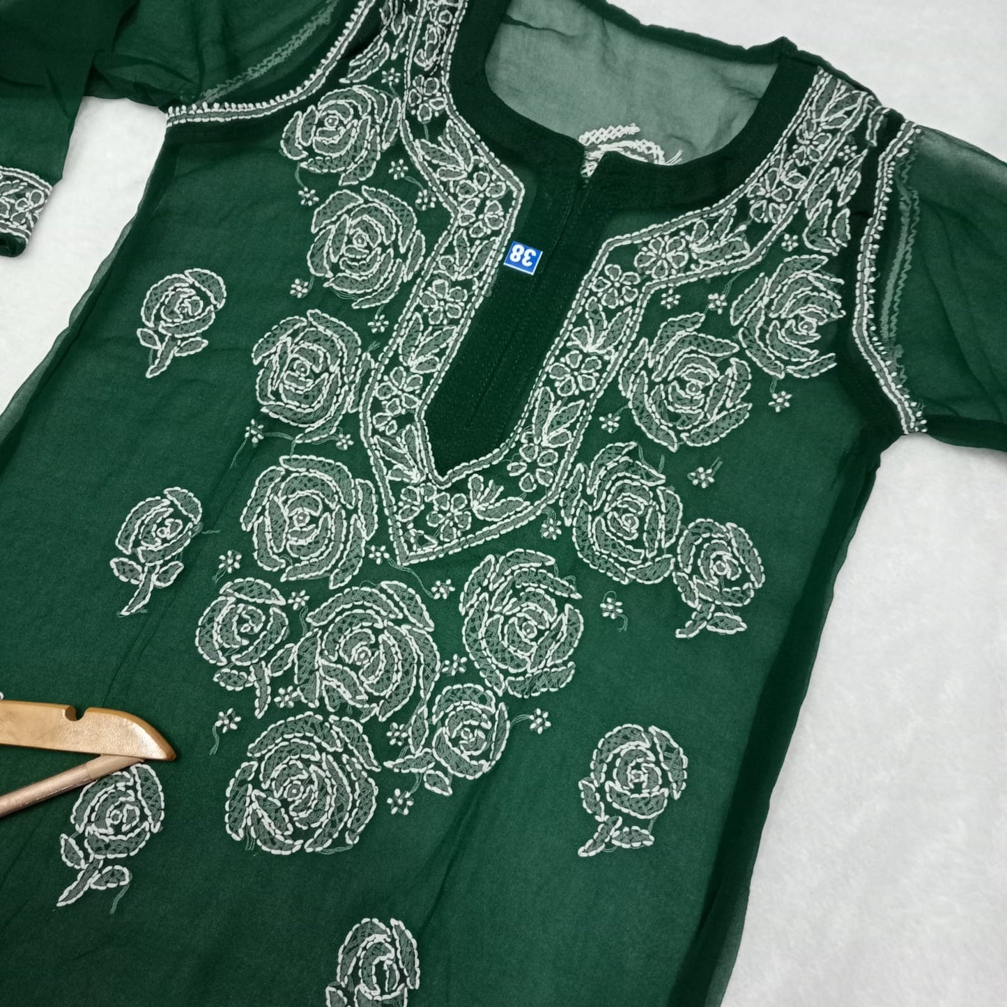Georgette Chikankari Rose Work Kurti With Pure Cotton Inner -Dark Green Colour - Chikankaar