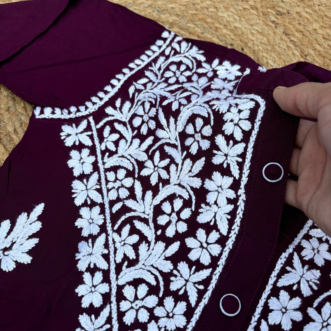 Rihana Rayon Chikankari Short Kurti Plazo Coord Set - Wine colour - Chikankaar