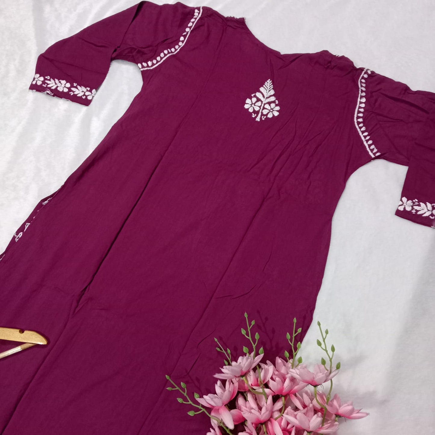 Pure Rayon Chikankari Kurti - Wine Color - Chikankaar